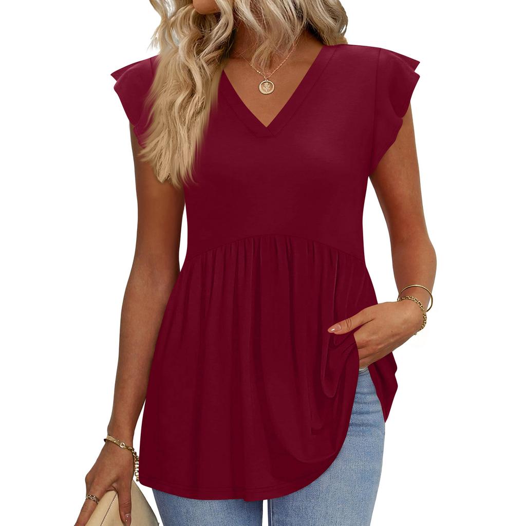 Womens Tops Fashionable V-neck Ruffled Sleeve Short-sleeved T-shirt Business Blouses