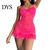 Lace Nightgown 2 Pcs/Set Nightdress Panties Set Spaghetti Strap Backless Sleeveless Nightwear Pleated Seductive Transparent Mesh Bow Ruffle