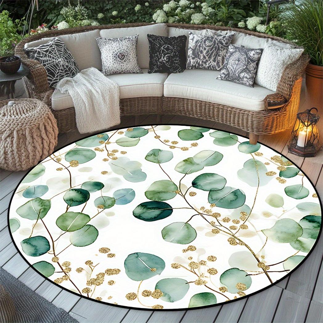 

1pc HKStorage round rug, green leaf pattern with gold edge, polyester, washable, suitable for bedroom, dining room, office 80cm