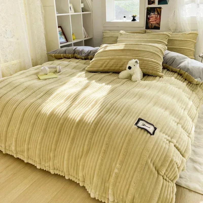 4PCS/set Thick Solid Color Velvet Duvet Cover Winter Warmth Bedding Set Double Quilt Cover Twin Queen King Comforter Cover