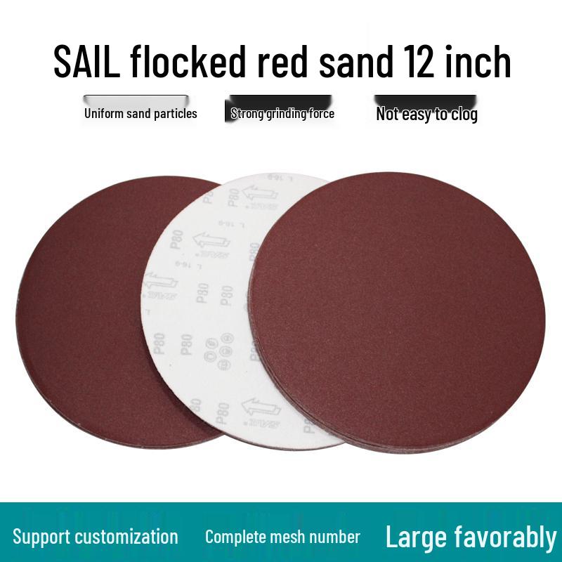 12" Red Sand Flocked Sandpaper Disc - Self-Adhesive Hook & Loop Sanding Pad