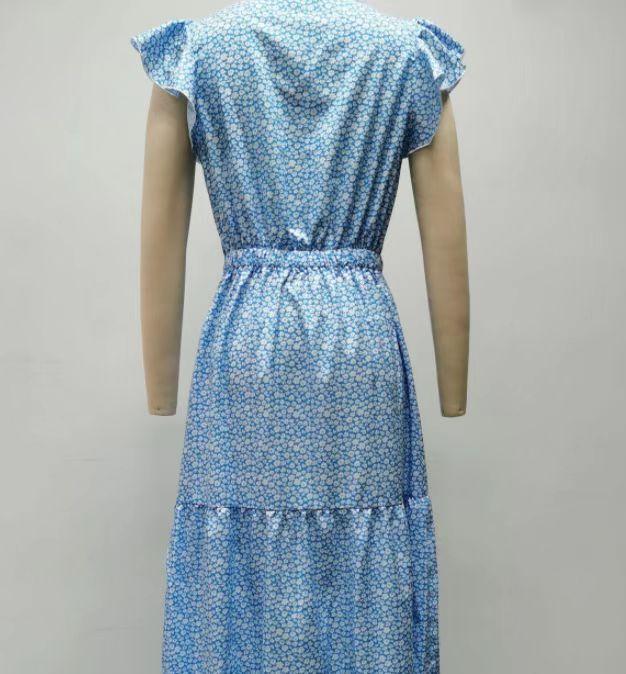 Kvinner Holiday Spandex Beach Langlags Kjole Enkel Volanger V-hals Blomster Sommer Bohem Elegant Elastisk Midje Kortermet Kjole