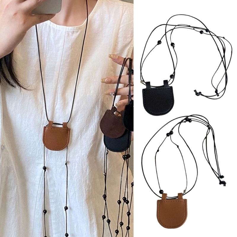 Fashionable Leather Necklace Bag for Earphone Protective and Coin Holding Perfect for Outdoor Activities Daily Use
