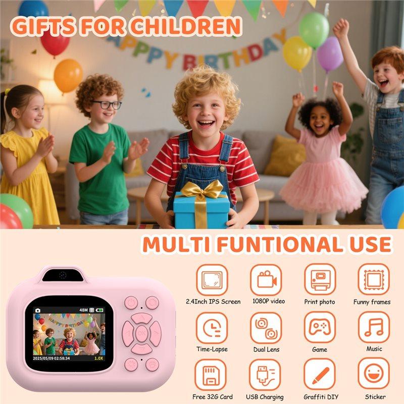 ABUO-Mini Digital Video Camera 1080P Dual Lens For Kids Boys Girls Instant Print Camera Photo Printing Thermal Paper A