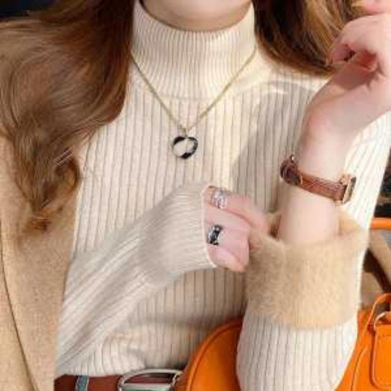 Women's Half-high Neck Plus Fluff Sweater Winter Thickened Inner Knitted Base Shirt Solid Versatile Warm Top
