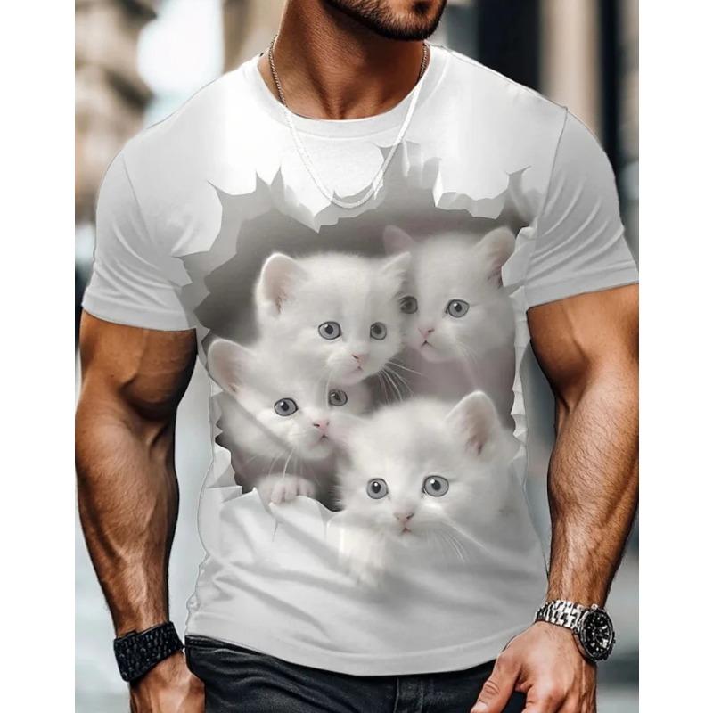 Letní Pánská Trička s Krátkým Rukávem s 3D Potiskem Kreslené Kočky s Kulatým Výstřihem