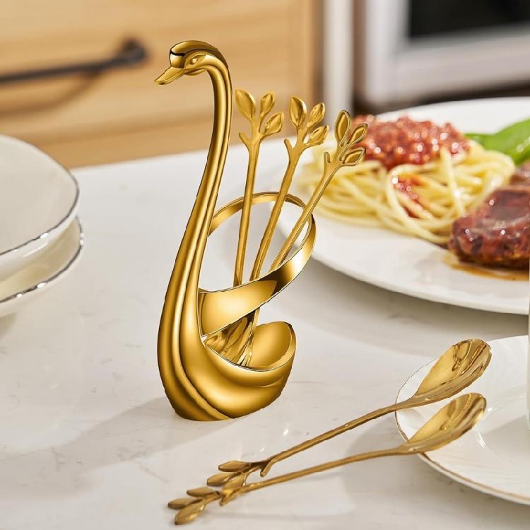 Rustproof Stainless Steel Ice Creams Spoon And Cocktails Fork Pack With Elegant Cygnet Stand Base For Gift