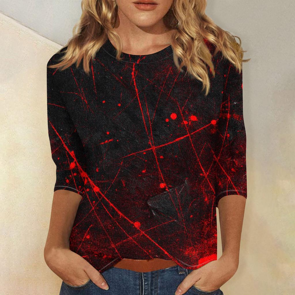 Women's Fashion Casual Round Neck 3/4 Sleeve Loose  Printed T-Shirt Ladies Top