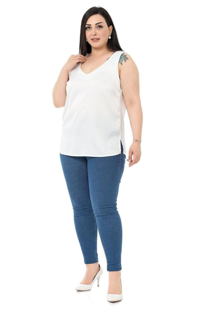 Damen Übergröße Bluse Plus Size V-Ausschnitt Ärmellos Satin Smaragdgrüne Bluse mit Seitenschlitzen