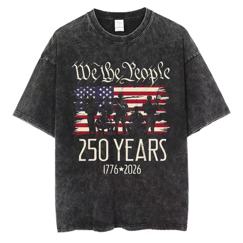 American Flag  New TShirt th We The People Washed Cotton Graphic Tee Men Retro Distressed USA Streetwear Loose Top 2XL
