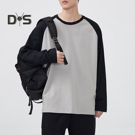 Men Spring Autumn T-shirt Color Matching Loose Round Neck Long Sleeves Pullover Top Casual School Sport Clothes