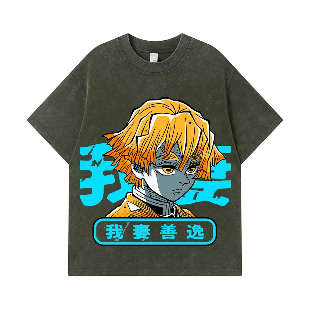 

275 GSM Washed T-shirts 100% Cotton Demon Slayer V100 Zenitsu Print Unisex Heavy Cotton T Shirt S армия зеленый