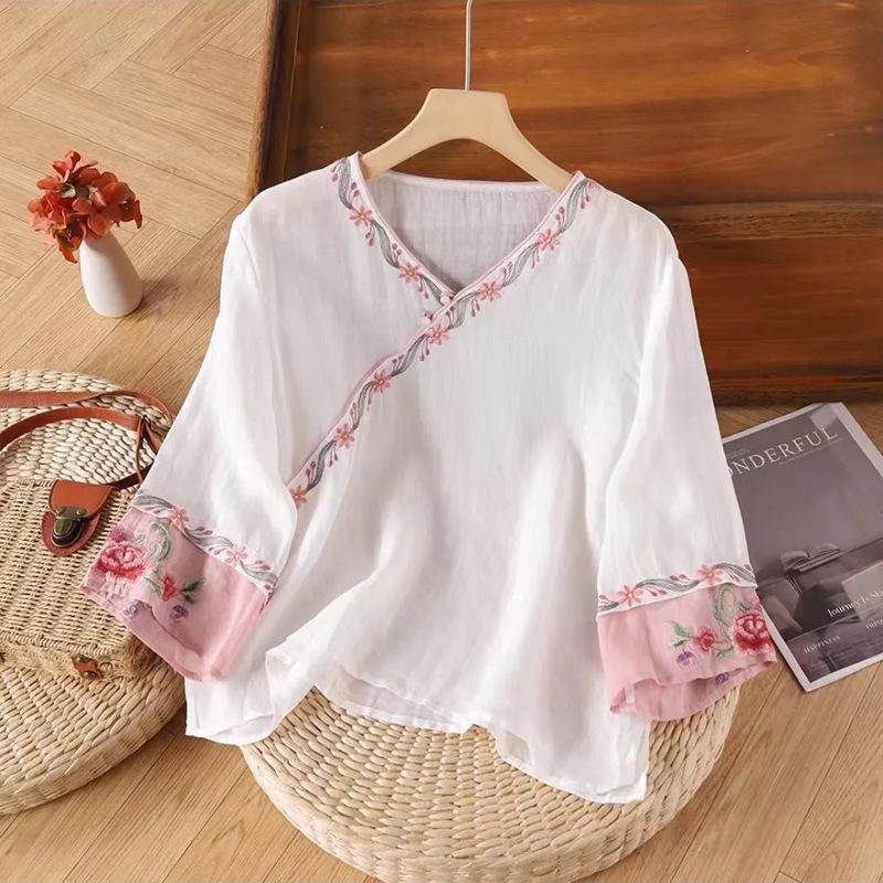 Women's Ethnic Retro Cotton Linen Embroidered Short Sleeve Top with Frog Button