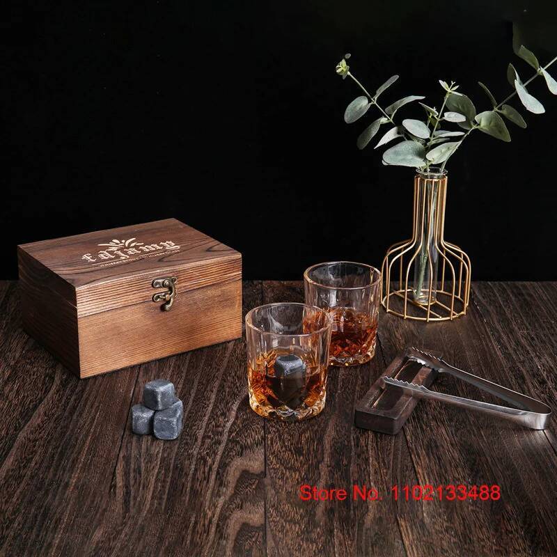 Whisky Glass And Stones Set Creative Wine Gift For Men Granite Ice Cube Whiskey Stones And Glass In Wooden Box Dropshipping