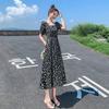 Summer 2025 Petite Black Floral Square Neck Dress - Slimming and High-End Fashion