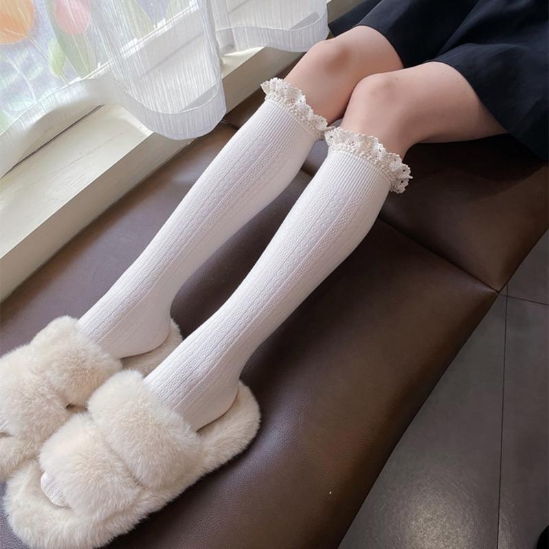 Women Winter Fall Vertical Striped Ribbed Knit Long Socks Japanese JK Sweet Frilly Ruffle Lace Trim Knee High Stockings
