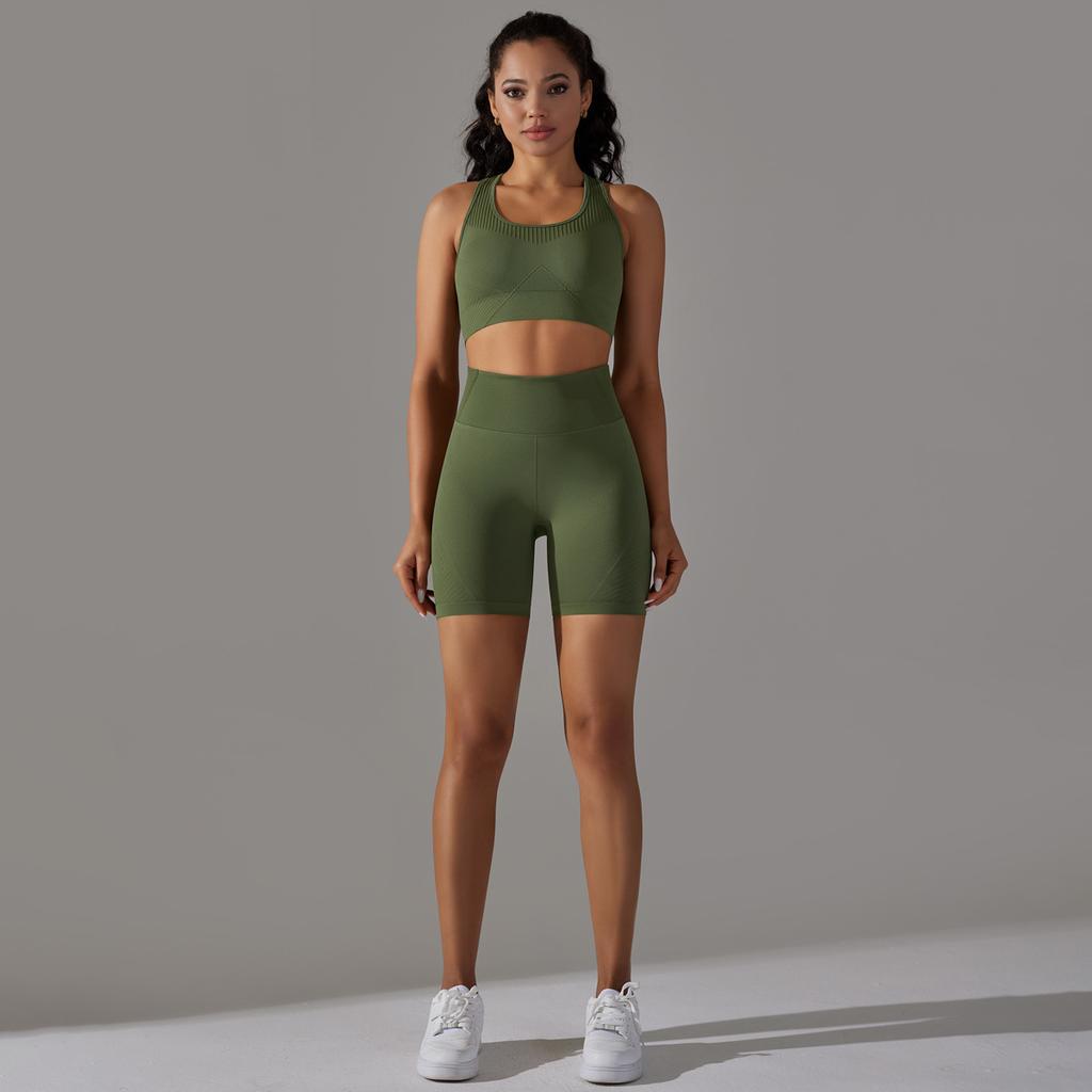 Nahtlose Jacquard-Strick-Yoga-Kleidung für Damen, Sport-Rücken-BH, Hohe Taille, Hüftlift, Enge Shorts, Fitness-Set für Damen