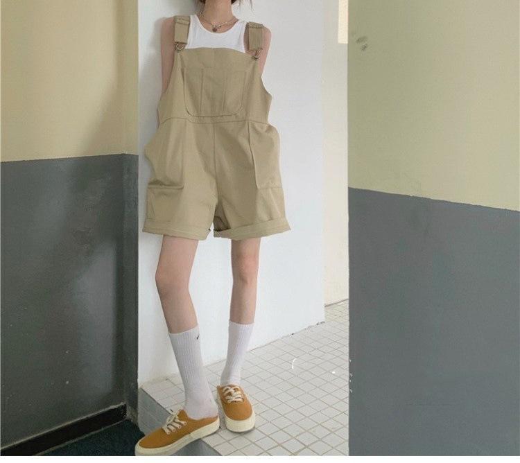 

Женский хаки хлопковый утягивающий свободный комбинезон с большими карманами - Летние шорты-слинги с широкими штанинами M хаки