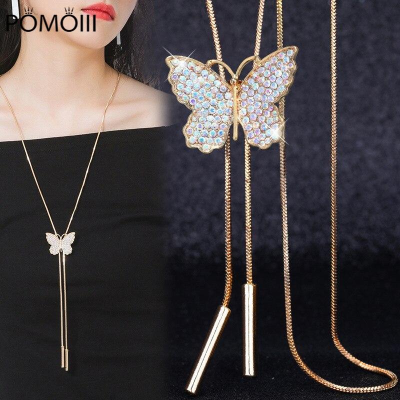 Retro Crystalline Butterfly Pendant Long Necklaces For Women All Match Sweater Chain Christmas Giveaway GiftsVintage Pendant