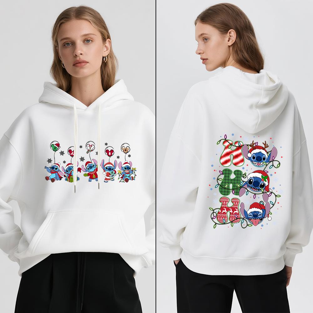 Disney Stitch Christmas Print Women Fleece Hoodie Winter Warm Pullover Casual Holiday Travel Party Outfit Soft Cozy Sweatshirt