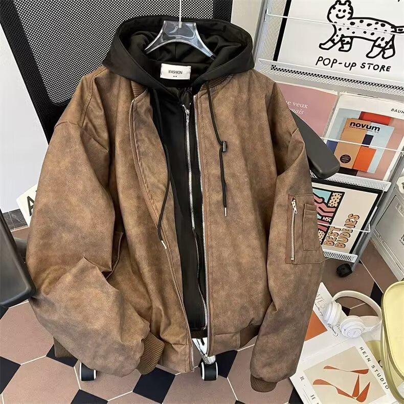 Retro American Style Men's Leather Jacket Coat Spring Autumn Casual Hooded Vintage Fashion High Street Japanese Style Coat