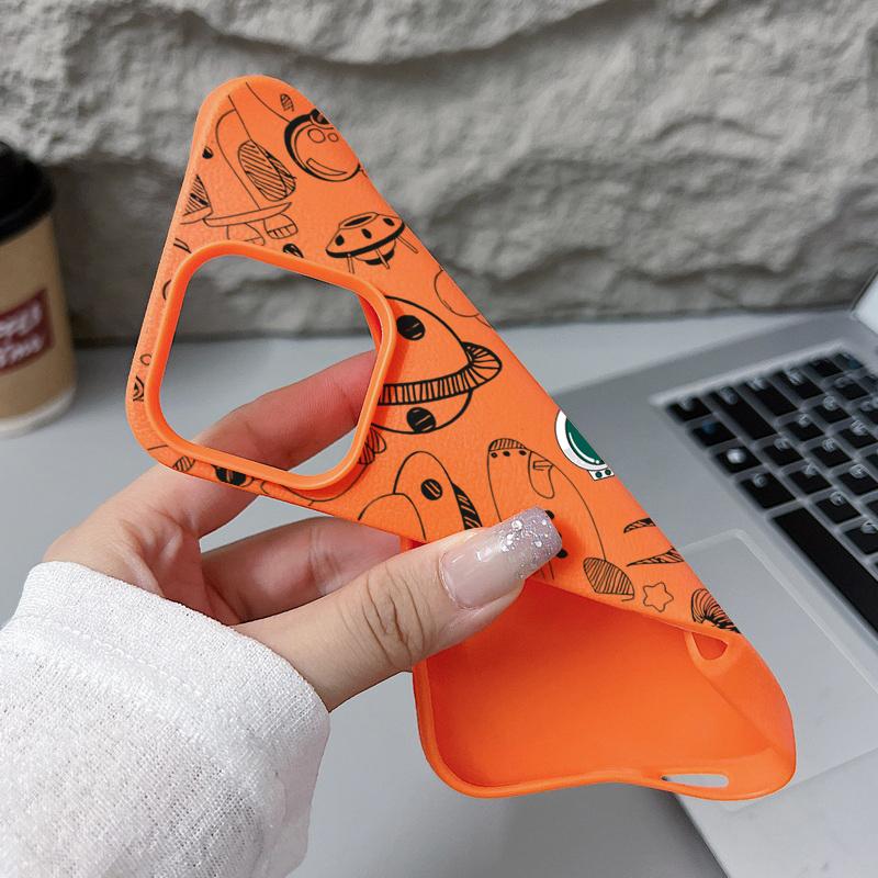 Cartoon Astronaut Pattern Leather Texture Phone Case for iPhone 16 Pro 15 14 13 12 Pro Max 11 Shockproof Tpu Soft Matte Slim Cover