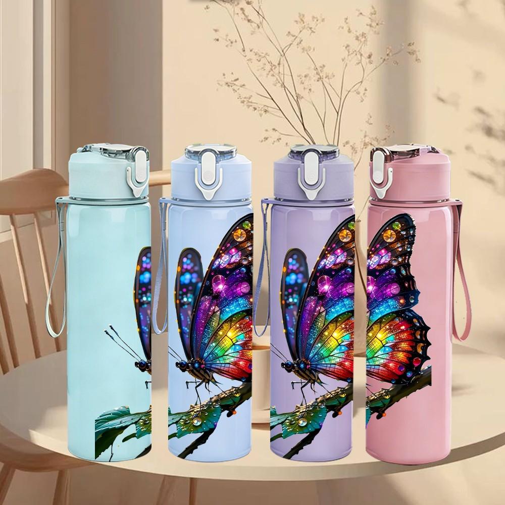 1PC Bright Color Butterfly Insect Print 750ml Color Plastic Sports Water Bottle Leakproof Flip Straw Lid Suitable for Sports Office Home Use