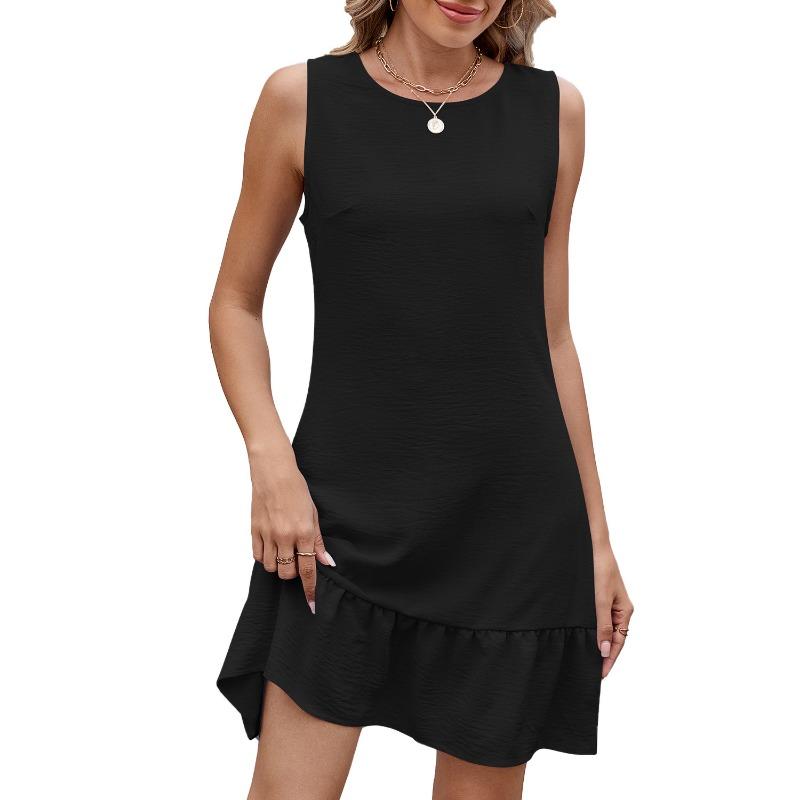 Women's Summer Solid Color Crew Neck Back Lace-up Sleeveless Vest Dress