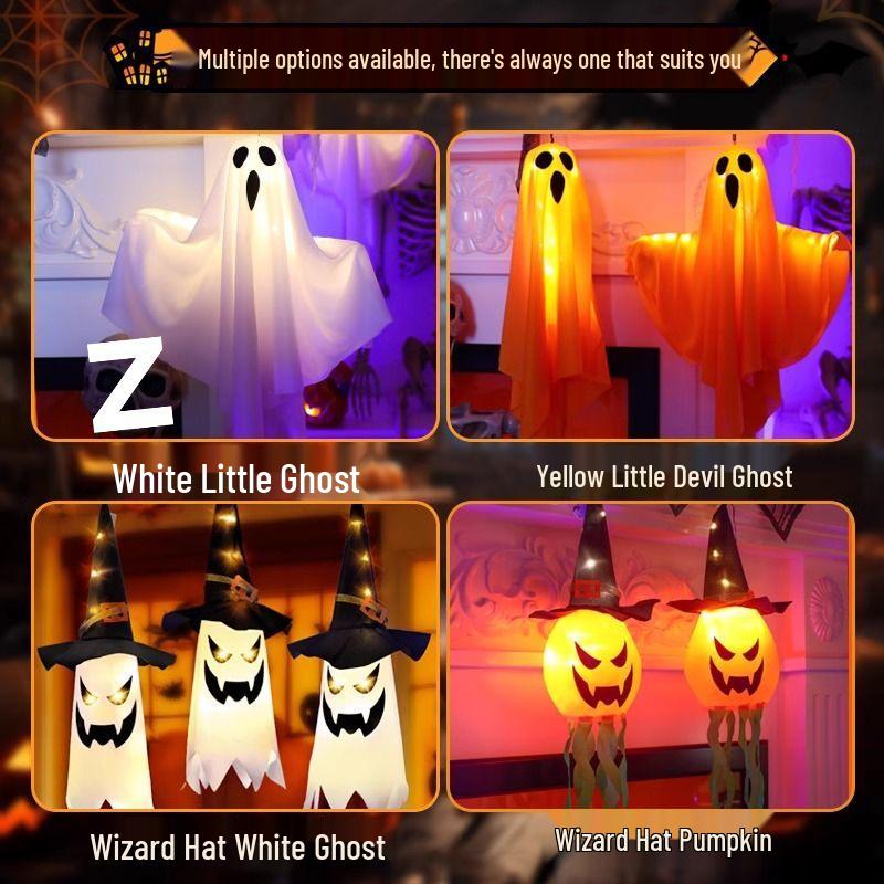 Glowing LED Ghost Pendant: Halloween Hanging Decoration with Colored Lights and Spooky Vibe.