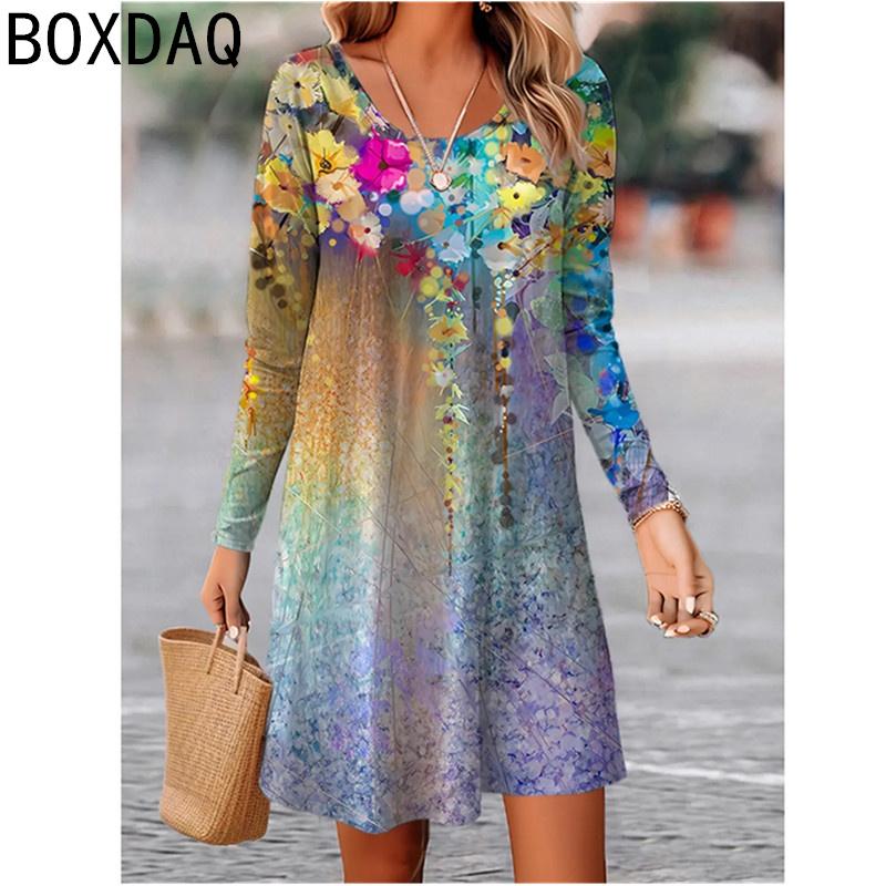Vintage Boho Floral Elegant Women Dress Autumn Long Sleeve O-Neck A-Line Dress Big Size Casual Loose Dress Vestidos
