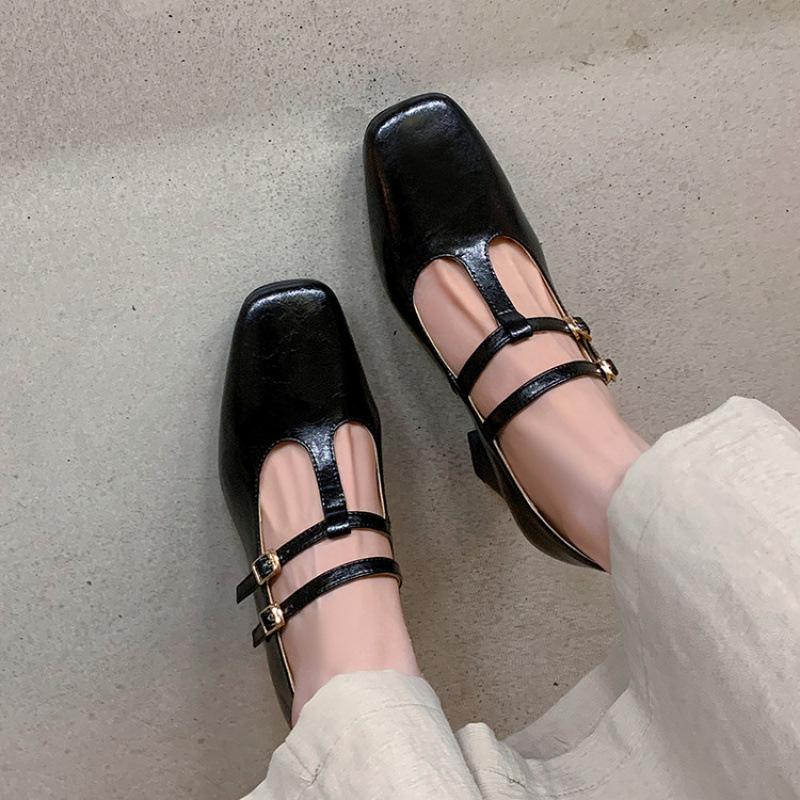 Square heel buckle non-slip beef tendon sole single shoes, new comfortable cowhide fashion single shoes for women, square head high heel small leath