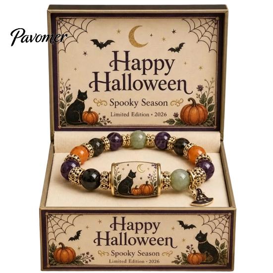 Cute Halloween Themed Gift Stretch Beaded Bracelet with Box, Black Cat Pumpkin Ghost Stylish Wrist Accessory for Parties Crow Witch Hat/Moon