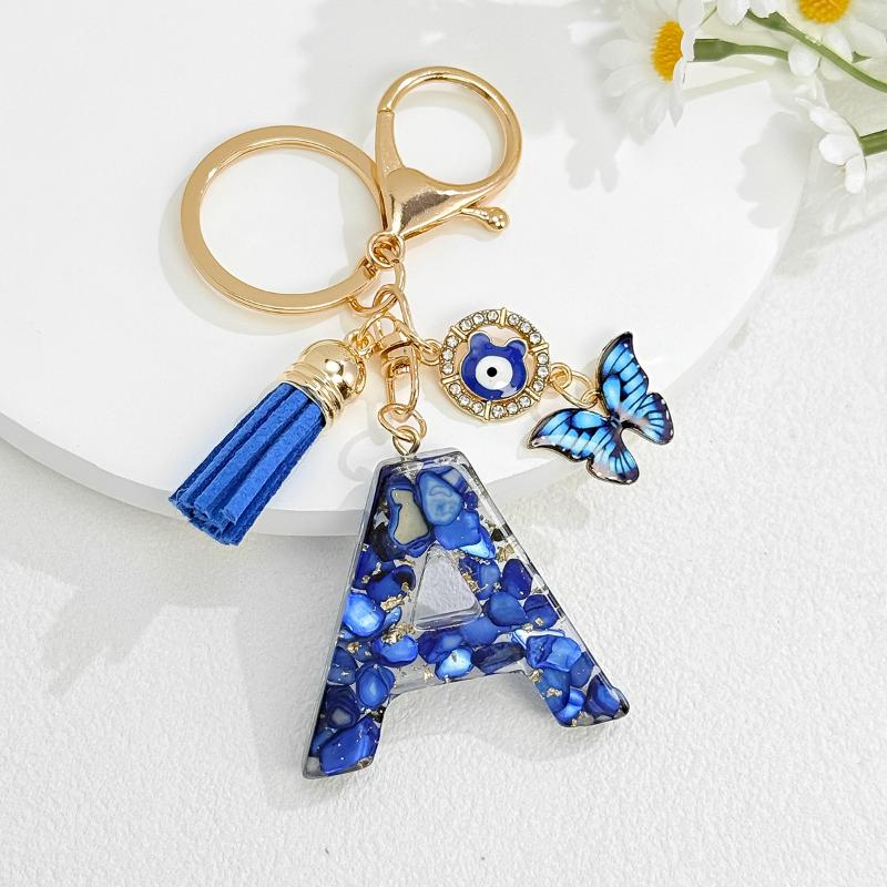 Fashion Blue Glazed Stone A To Z Letter Keychain 26 Initials Alphabet Butterfly Tassel Pendant Car Keyring Women Jewelry Gifts
