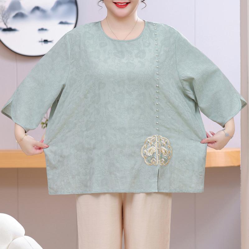 Women's Plus Size Chinese Embroidery Top – 3/4 Sleeve Round Neck Textured Blouse (Sizes 3XL-8XL) for Middle-Aged Ladies