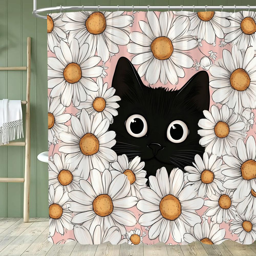 Cartoon Hipster Cat Shower Curtain - With Hooks, Easy To Clean, Adds a Quirky and Stylish Touch To Your Bathroom Decor Curtain