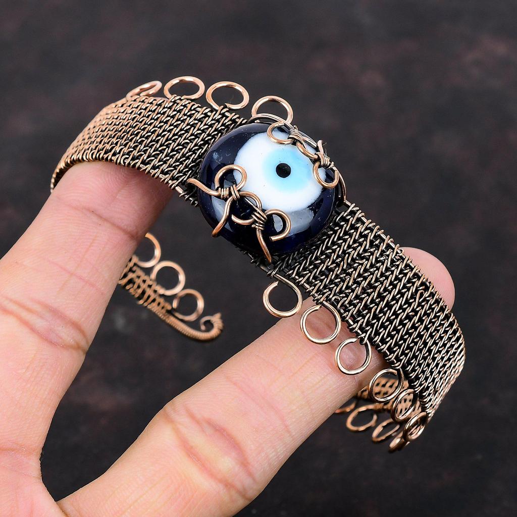 Blue Color Evil Eye Bangle Copper Wire Wrapped Cuff Bracelet Gemstone Adjustable Cuff Handmade Copper Jewelry Unique Bangle Anniversary Gift