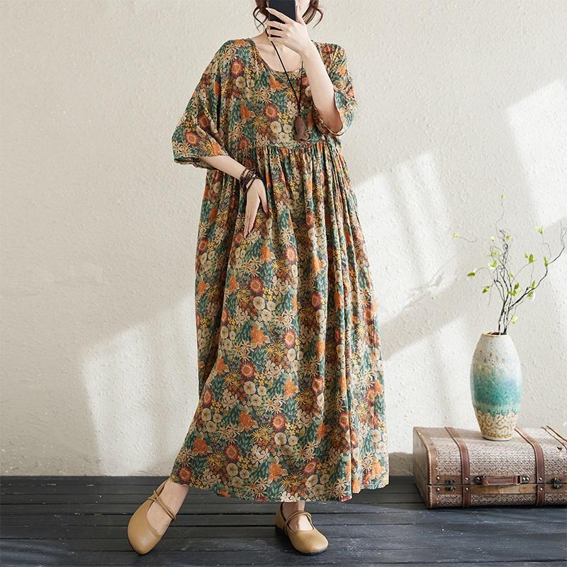 Kurzarm Plus-Size-Baumwolle im Vintage-Stil mit Blumenmuster, neu in Kleidern für Damen, lässiges, lockeres, langes Sommerkleid
