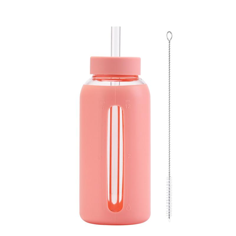 Szklany Silikonowy Pokrowiec Skala Czasowa Kubek na Wodę ze Słomką 800 ml Duża Pojemność Przenośny Kubek Outdoorowy