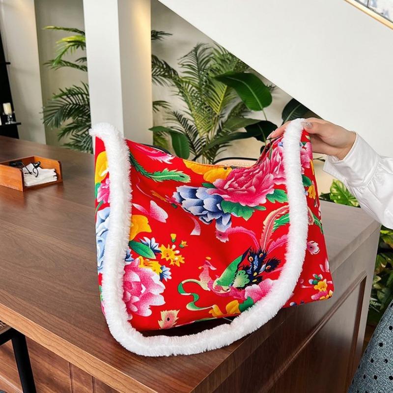 

Early spring new Guochao fashion big flower tote bag temperament versatile messenger shoulder bag width 36 height 31 bottom thickness 10cm красный