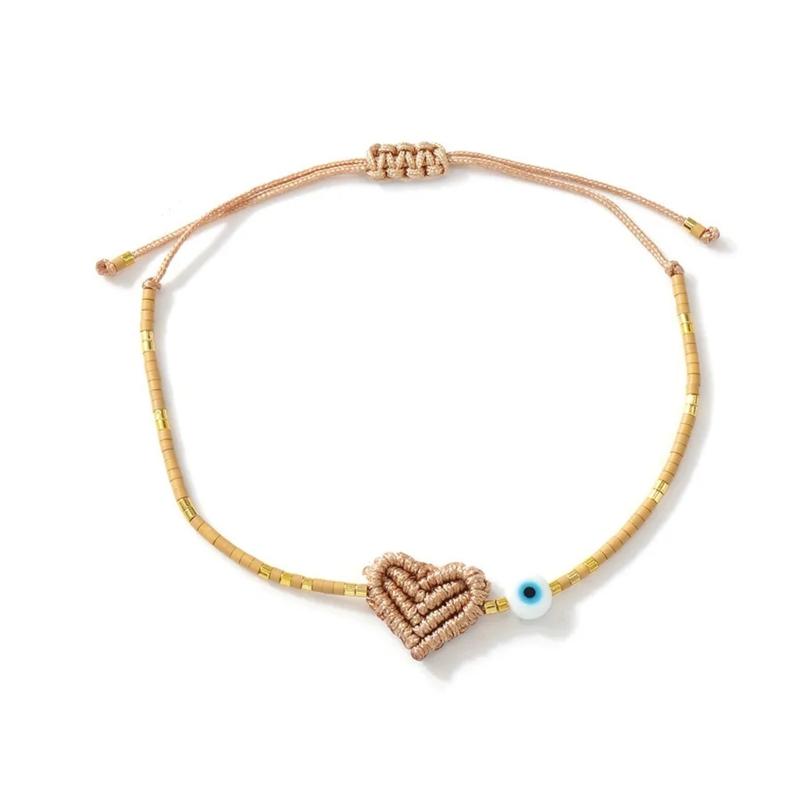 Artistic Colorful Beaded Bracelet Featuring Heart Pattern And Evil's Eye Charm Handmade Wristlet For Everyday Wear