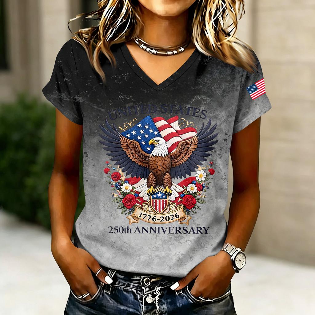 Women's Casual V Neck Short Sleeve T Shirt with Graphic Print United States Anniversary Eagle and Flag Design Lightweight Top