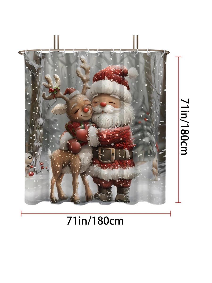 

1 шт. Водонепроницаемая шторка для душа с принтом Санта-Клауса и оленей, Разделительная шторка для ванной, 12 крючков, Защита конфиденциальности, Легкая установка 90x180cm