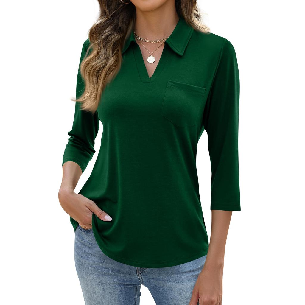 Women's Fashion Casual Lapel Short 3/4 Sleeve Color Shirt Women's Up Tops