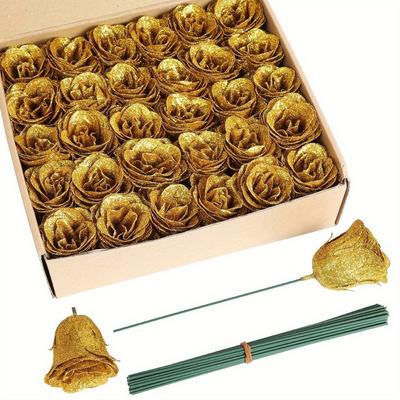 30 Pcs Artificial Gold Roses Valentine's Day Sparkle Roses Gold Flowers Artificial Roses with Stems for Crafts Wedding Bouquet Party Home Decor