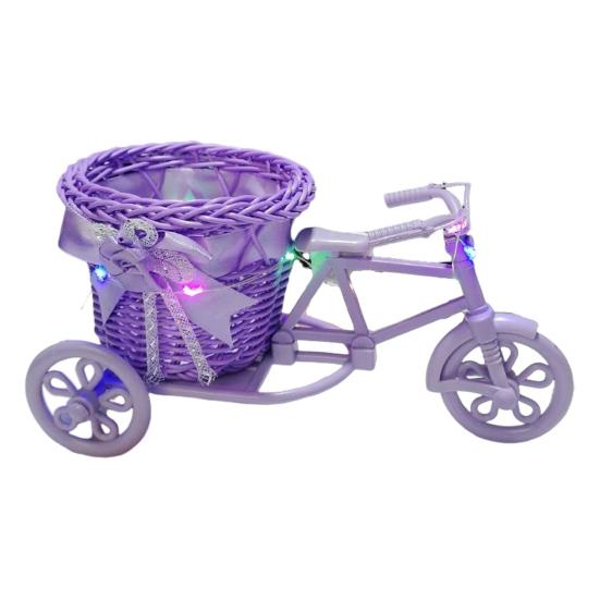 Rattan Trolley Flower Basket Decorative Tricycle with Colorful Flowers Woven Container Home Office Decor