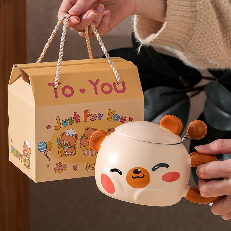 Creative Cartoon Bear Ceramic Cup With Lid Household Breakfast Children'S Couple Cup High Value Gift