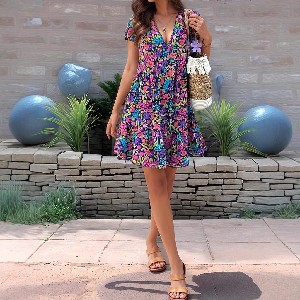A Short-sleeved Dress with Printed and Floral Patterns for Spring and Summer Women's Wear