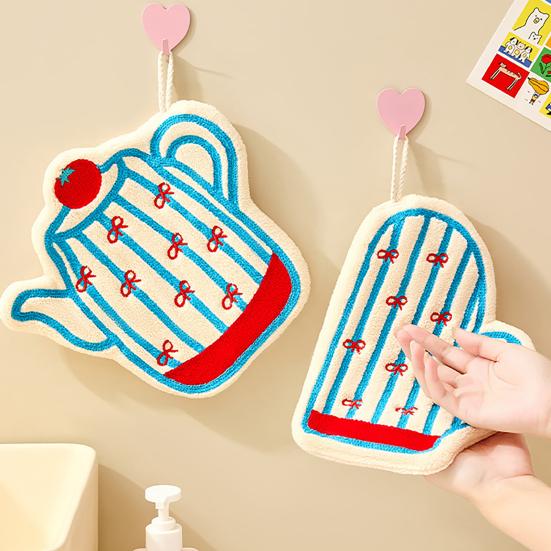 Hand Towel with Hanging Loop Bathroom Hand Towel Lint Shedding Free Cute Kettle Glove Absorbent Towel for Wiping Hands Kitchen Bathroom Use