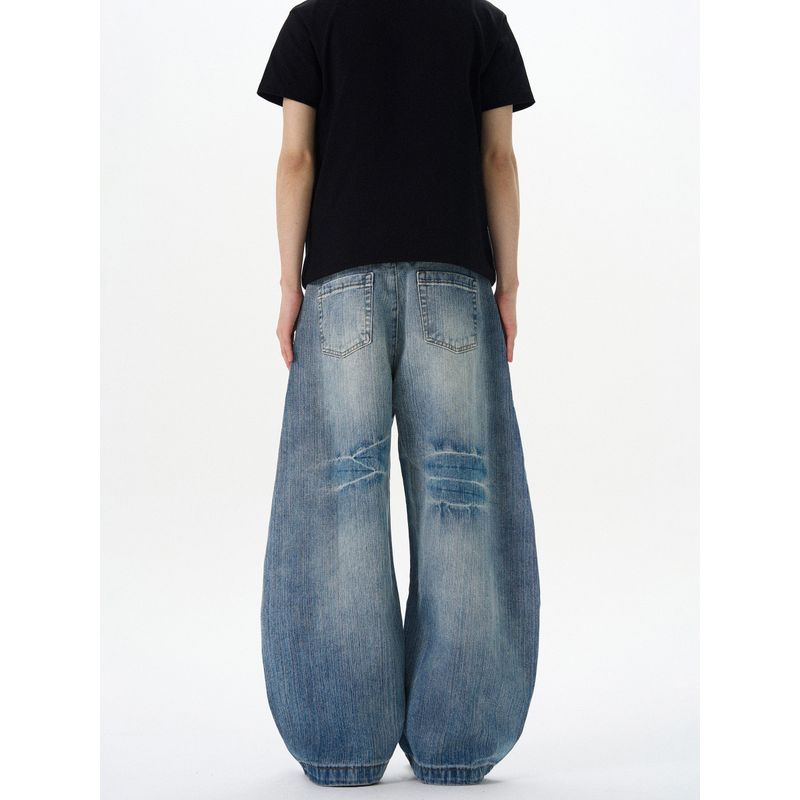 Kisko American High Street Style Bamboo Texture Contrast Stitching Design Curved Knife-Cut Jeans Unisex Trendy Brand Wide-Leg Loose Pants