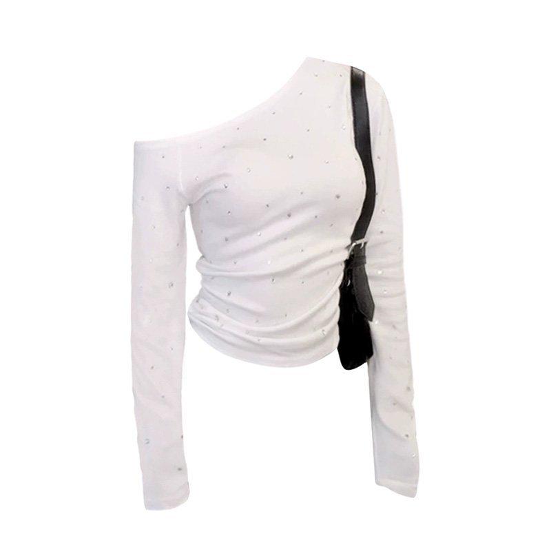 Women's Autumn Cold Shoulder Rhinestone T-shirt with Unique Ruching